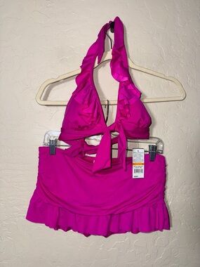 Kenneth Cole NwT ruffle halter top skirt bikini bottom fuchsia pink size small